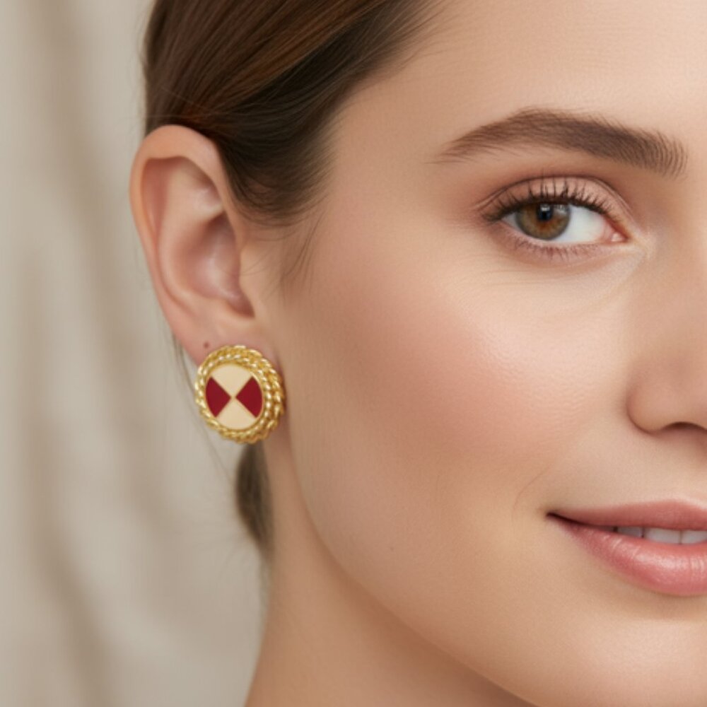 Vintage Coro – Red Cream Gold Braided Border, Pierced Enamel Earrings